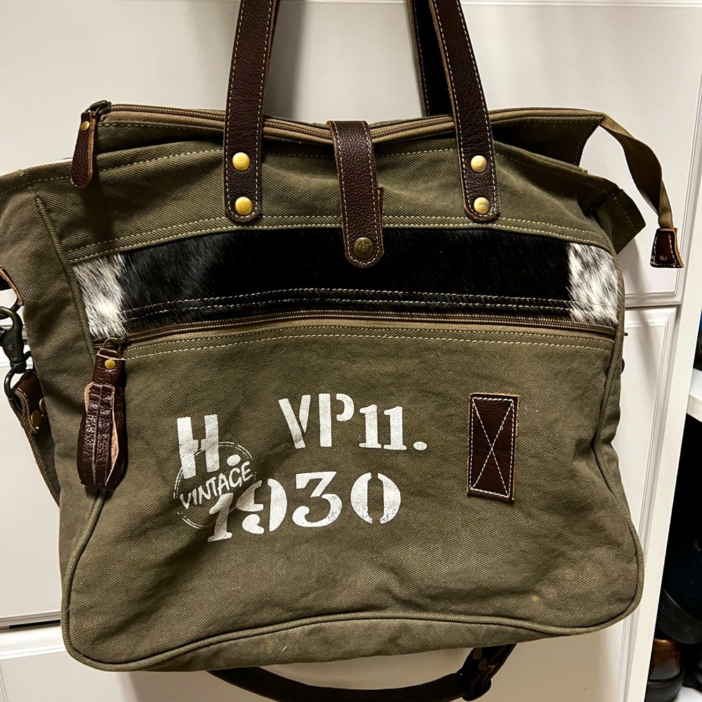 New Myra 1930 Classic Messenger Bag Leather Cowhide Canvas Boho Western Bag